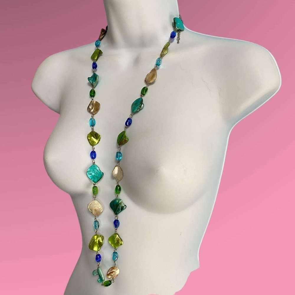 Green Blue Dyed Shells & Glass Beads Long Boho Beachy Necklace
